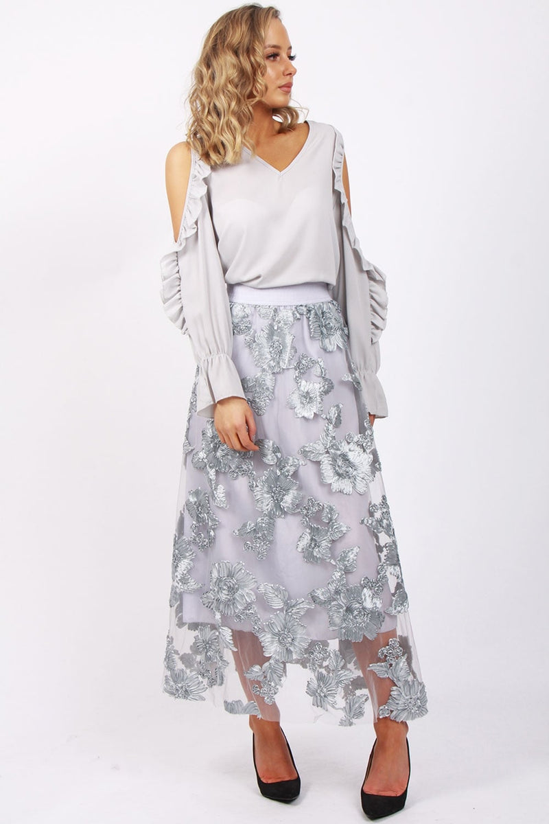 URBAN MIST Grey and Silver Embellished Flowers on netted A Line Skirt Urban Mist UK