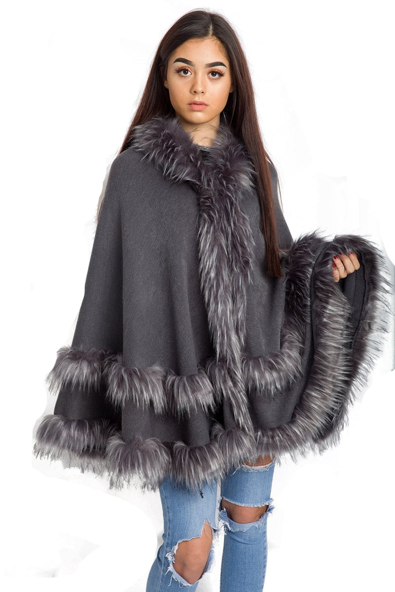 Knitted Double Layer Hooded Faux Fur Swing Cape Poncho – Urban Mist UK