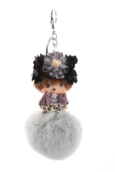 Monchichi Crystal Doll Rhinestones Pom Pom Keychain Diamante Keyring