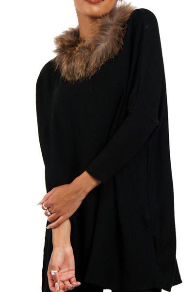 Oversized Fur Trim Collar Knitted Jumper in black/fox