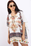 Aztec Floral Print Feather Tassel Trim Poncho Kaftan