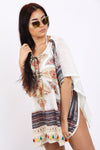 Aztec Floral Print Feather Tassel Trim Poncho Kaftan