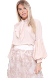 Beige Puffer Ruffle Sleeve Bow Tie Neck Blouse Top