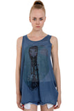 Illustration Girl Print Sleeveless Longline Knitted Top