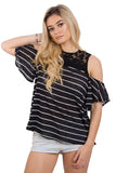 Pin Stripe Lace Insert Top In Stripe With Cold Shoulder