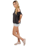 Pin Stripe Lace Insert Top In Stripe With Cold Shoulder