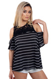 Pin Stripe Lace Insert Top In Stripe With Cold Shoulder