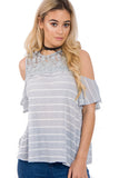 Pin Stripe Lace Insert Top In Stripe With Cold Shoulder