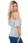 Pin Stripe Lace Insert Top In Stripe With Cold Shoulder