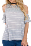 Pin Stripe Lace Insert Top In Stripe With Cold Shoulder