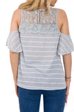 Pin Stripe Lace Insert Top In Stripe With Cold Shoulder