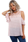 Pin Stripe Lace Insert Top In Stripe With Cold Shoulder