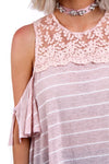 Pin Stripe Lace Insert Top In Stripe With Cold Shoulder